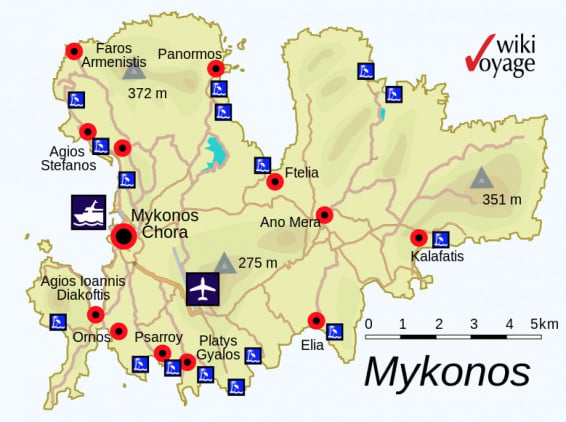 Mykonos Städte und Zentren Karte
