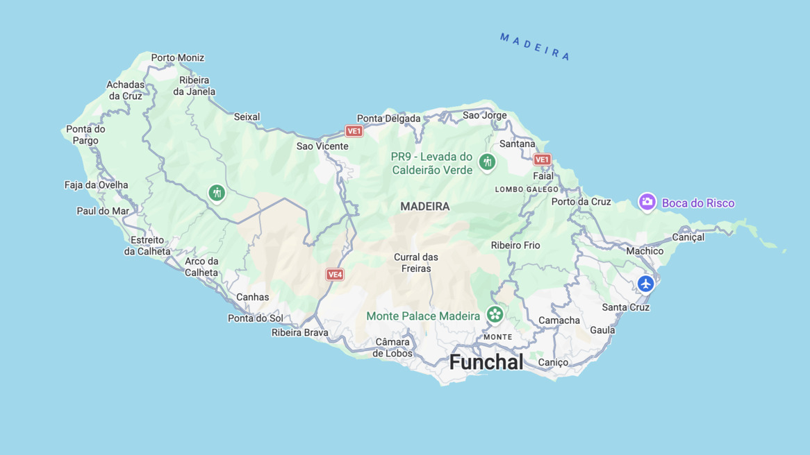 Carte de Madère via Google Maps