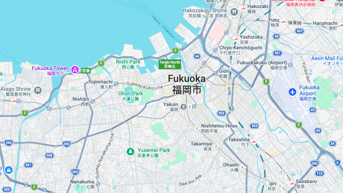 Fukuoka's neighbourhoods via Google maps