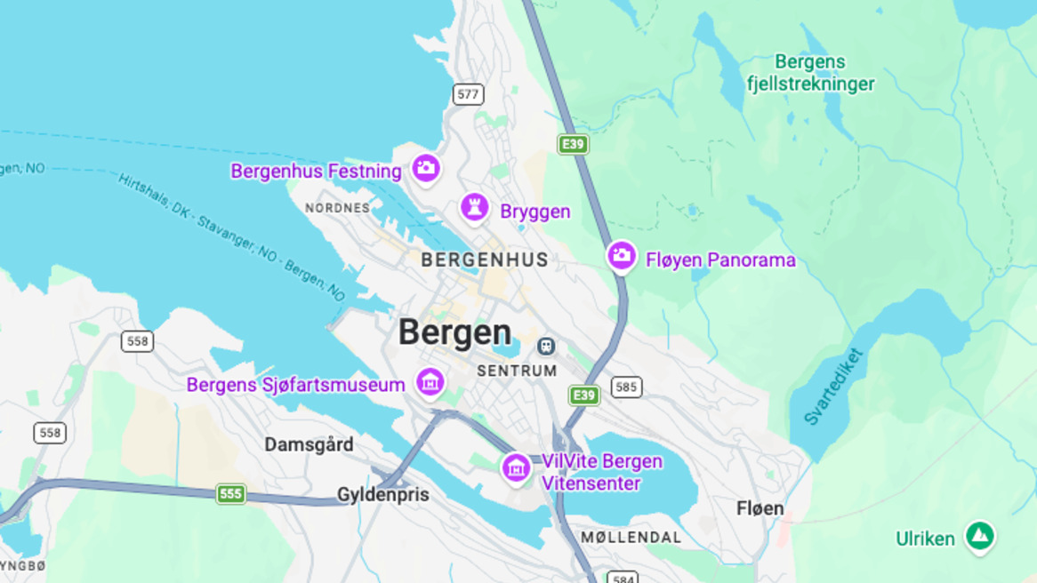 Bergen's neighbourhoods via Google maps
