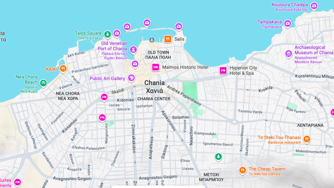 Chania's neighbourhoods via Google maps