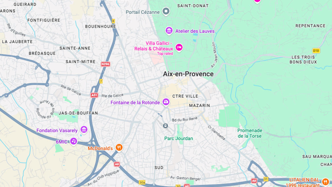 Aix en Provence's neighbourhoods via Google maps