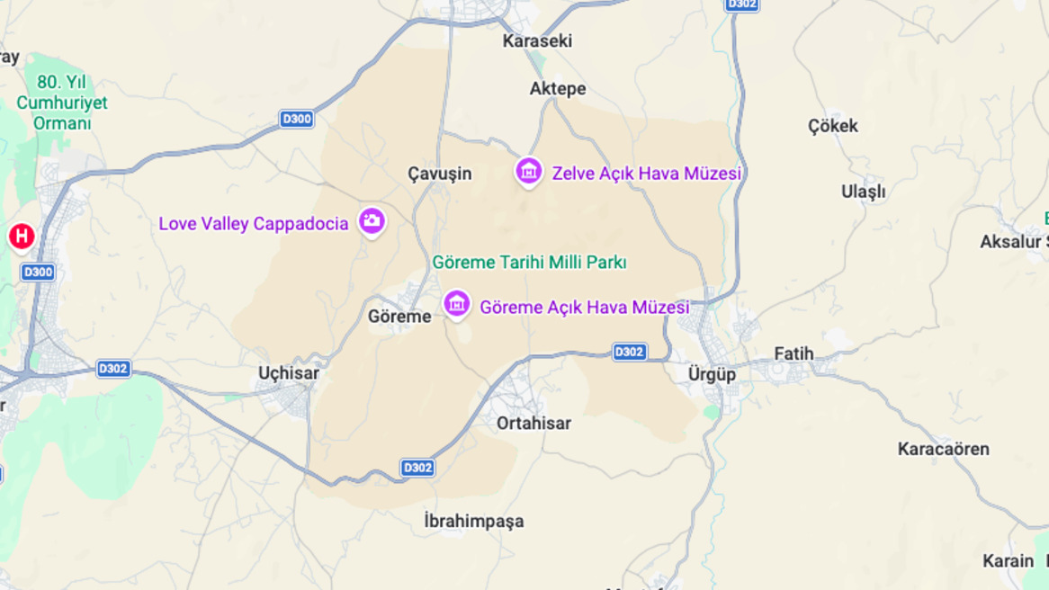 Cappadocia's neighbourhoods via Google Maps