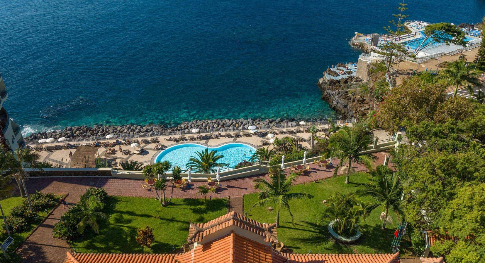 Aerial view of gardens and pool