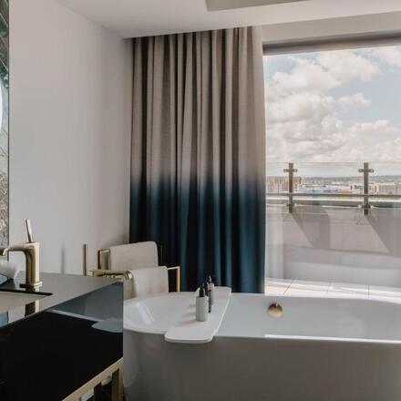 Bathroom with dock view 