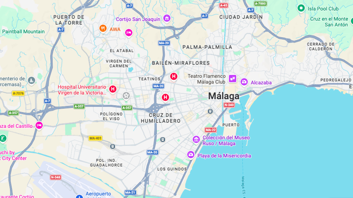 Malaga's neighbourhoods via Google maps