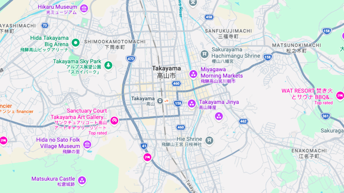 Los barrios de Takayama a través de Google maps