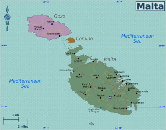 Carte des villes et régions de Malte