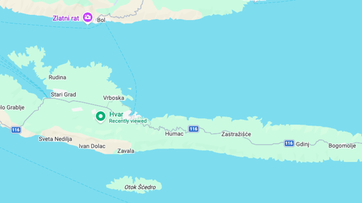 Die Stadtteile von Hvar über Google Maps