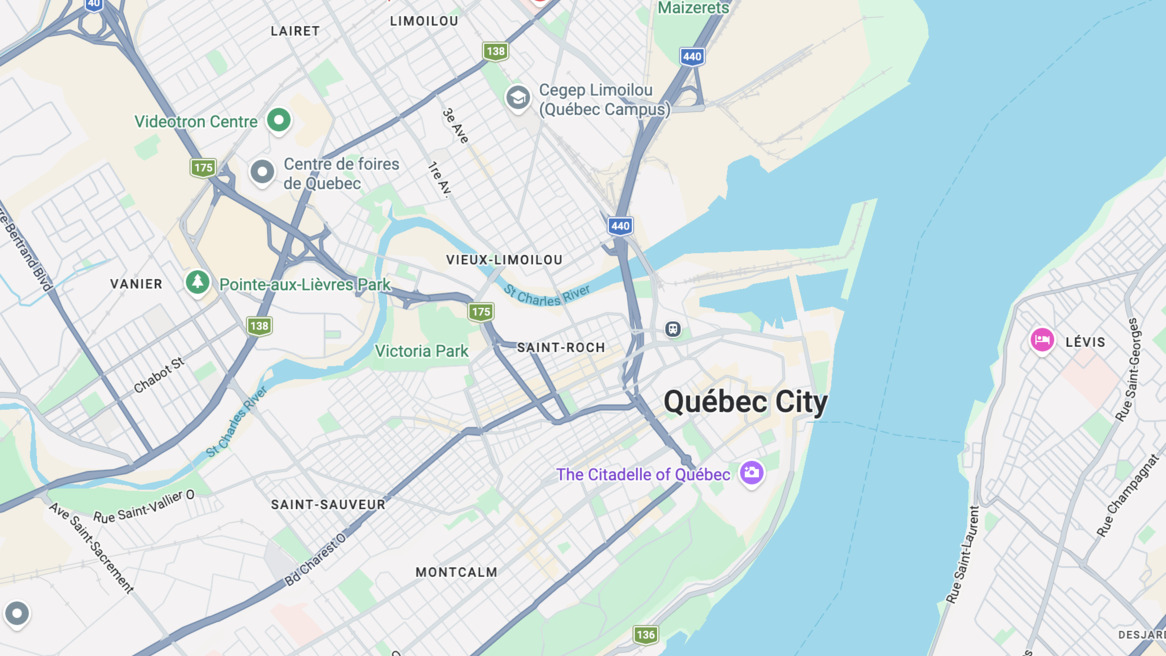 Mapa del centro de la Ciudad de Québec vía Google Maps