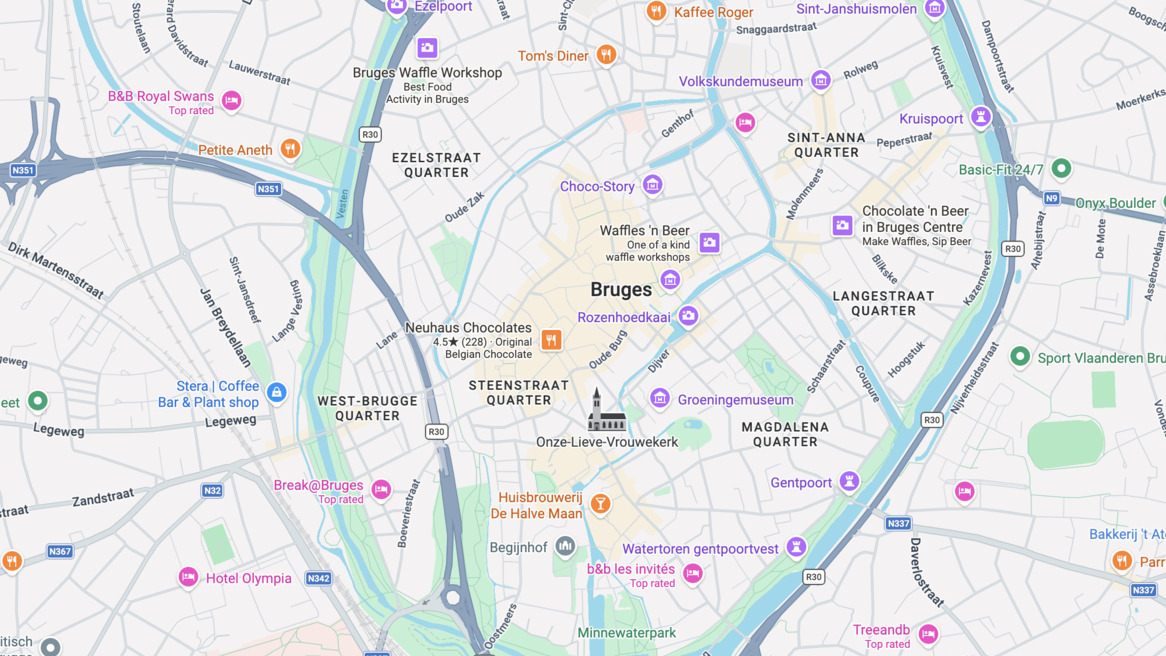 Map of central Bruges via Google Maps